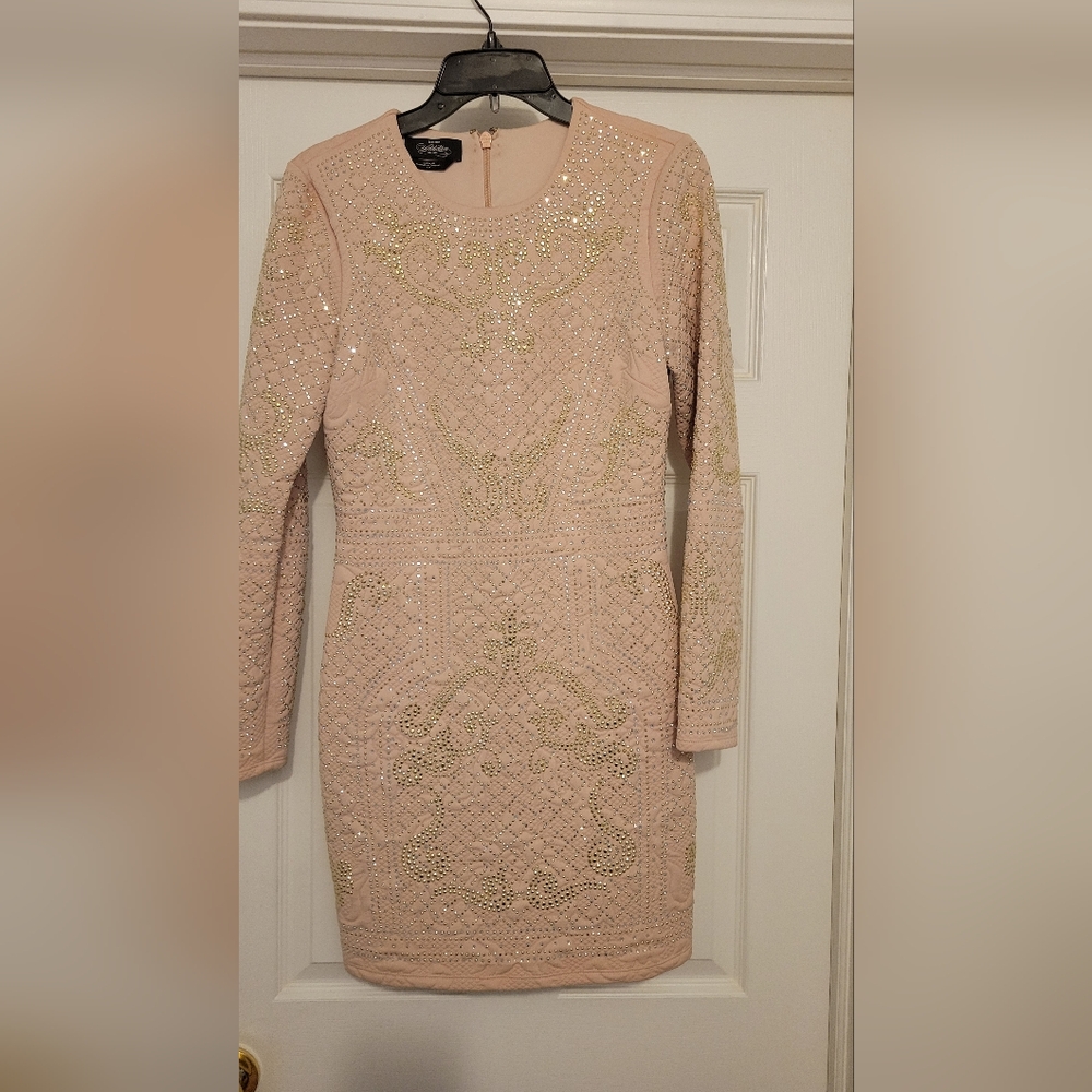 bebe Addiction Blush Embellished Long Sleeve Fitted Dress
